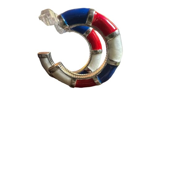 Vintage Red White Blue Enamel Hoops Pierced Earrings Patriotic Summer Democracy - Picture 8 of 11